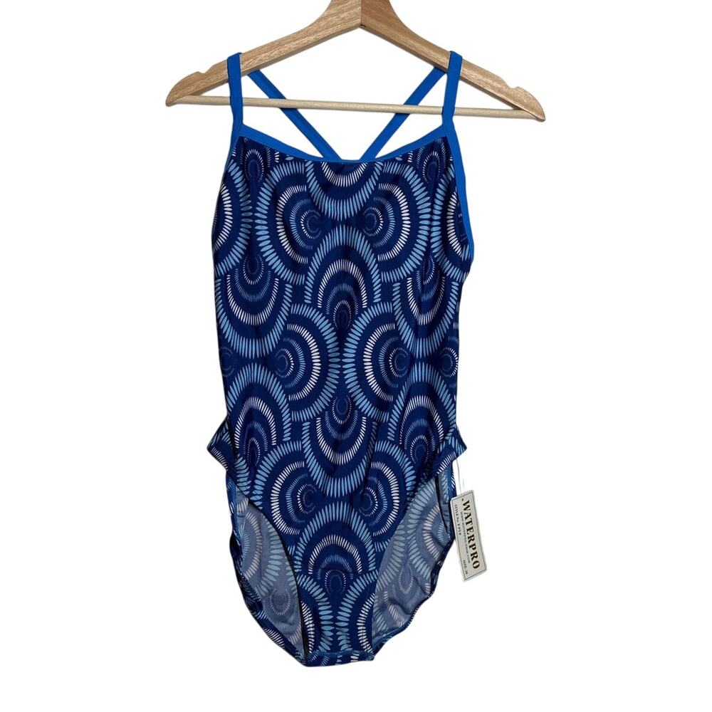Waterpro One-Piece Athletic Training Swimsuit Blue Geometric Wave Print Sz 38